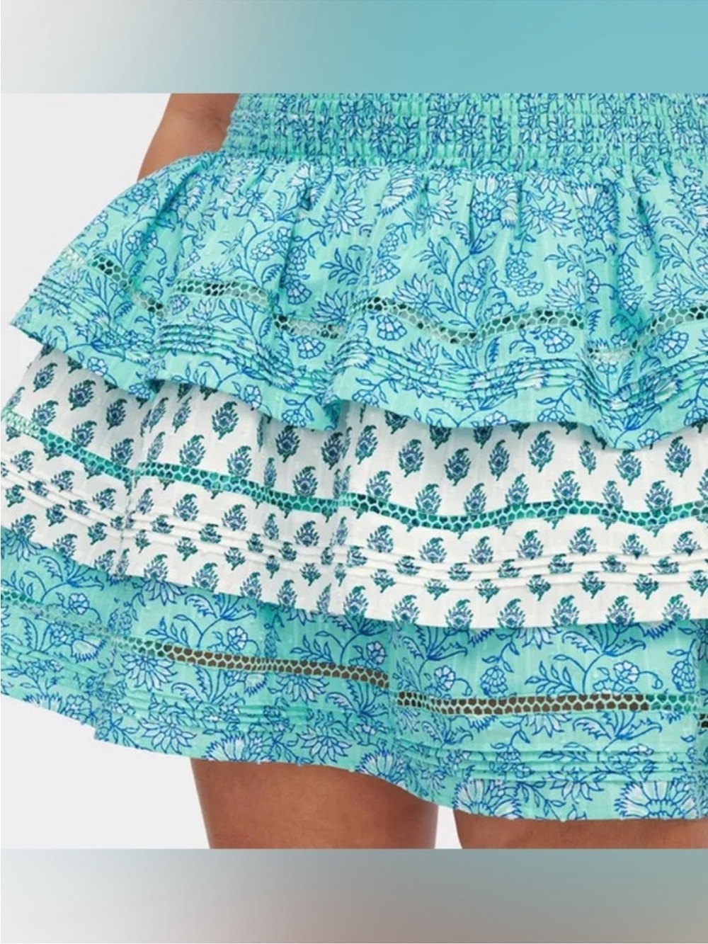 Roller Rabbit Tiered Floral Boho Mini Skirt Aqua Blue Cotton Size M NWT Women’s